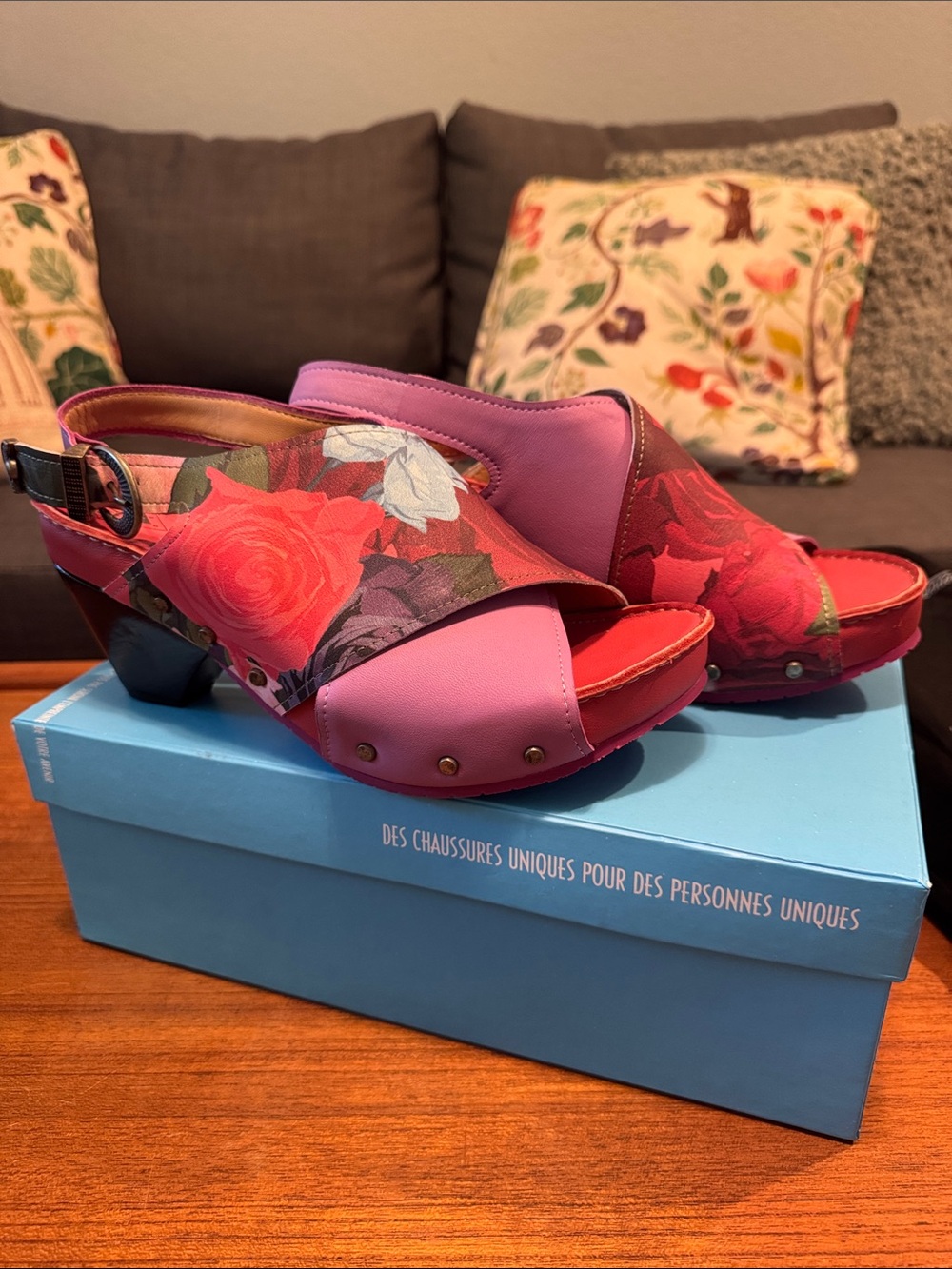 John Fluevog “Sarah” Pink and Red Floral Slingback Heels - Picture 3 of 12